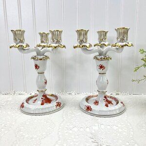 Herend Hungary Chinese Bouquet Porcelain 3-Arm Candelabra  Handpainted Rust